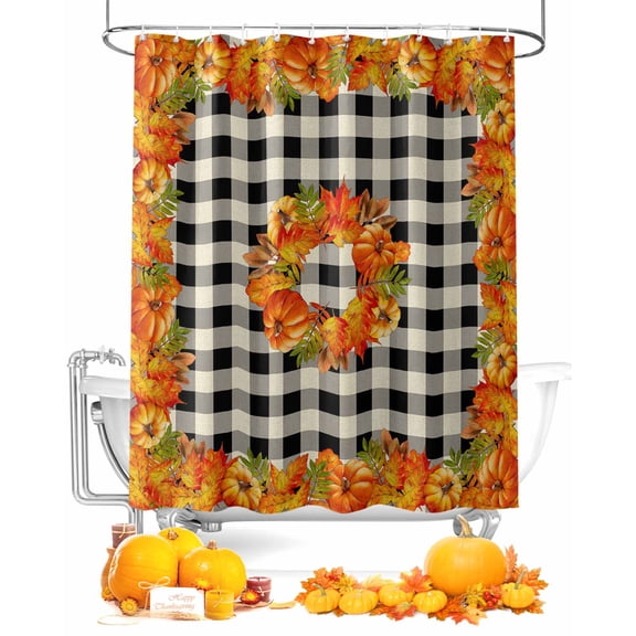 Fall Pumkin Farm Style Black White Buffalo Plaid Shower Curtain Set ,Waterproof Fabric Shower Curtains Shower Curtains for Bathroom,Bathroom Decor 54x"78"
