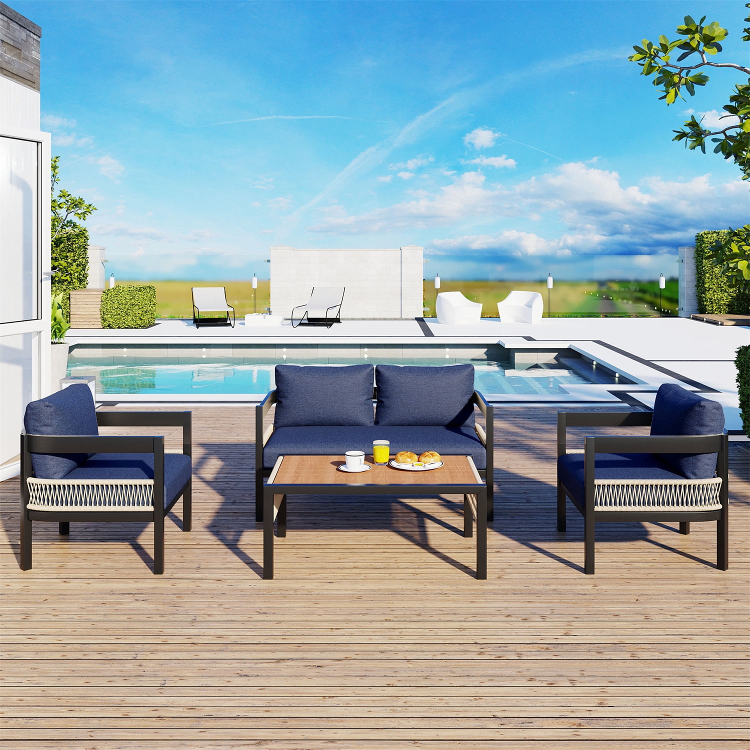 YIORTWO 4-Piece Outdoor Seating Set, All-Weather Patio Furniture with Table & PE Wicker, for Garden, Lawn, Poolside, Navy