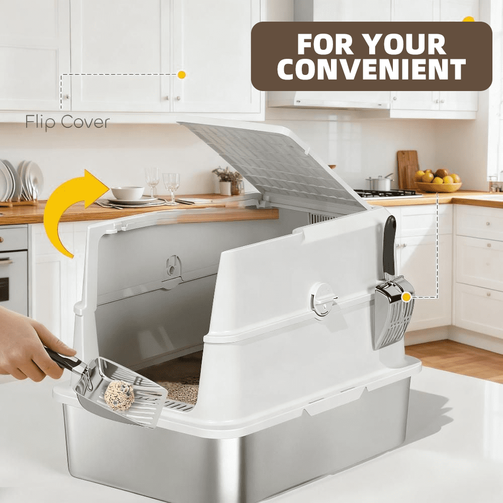 LUMAMIN Cat Litter Box, XL Stainless Steel Cat Box Enclosure with  Flip Cover and Deodorizer Pack Slot for Cats up to 15 lbs, Light Gray, 23.8"L x 15.9"W x 16.5"H