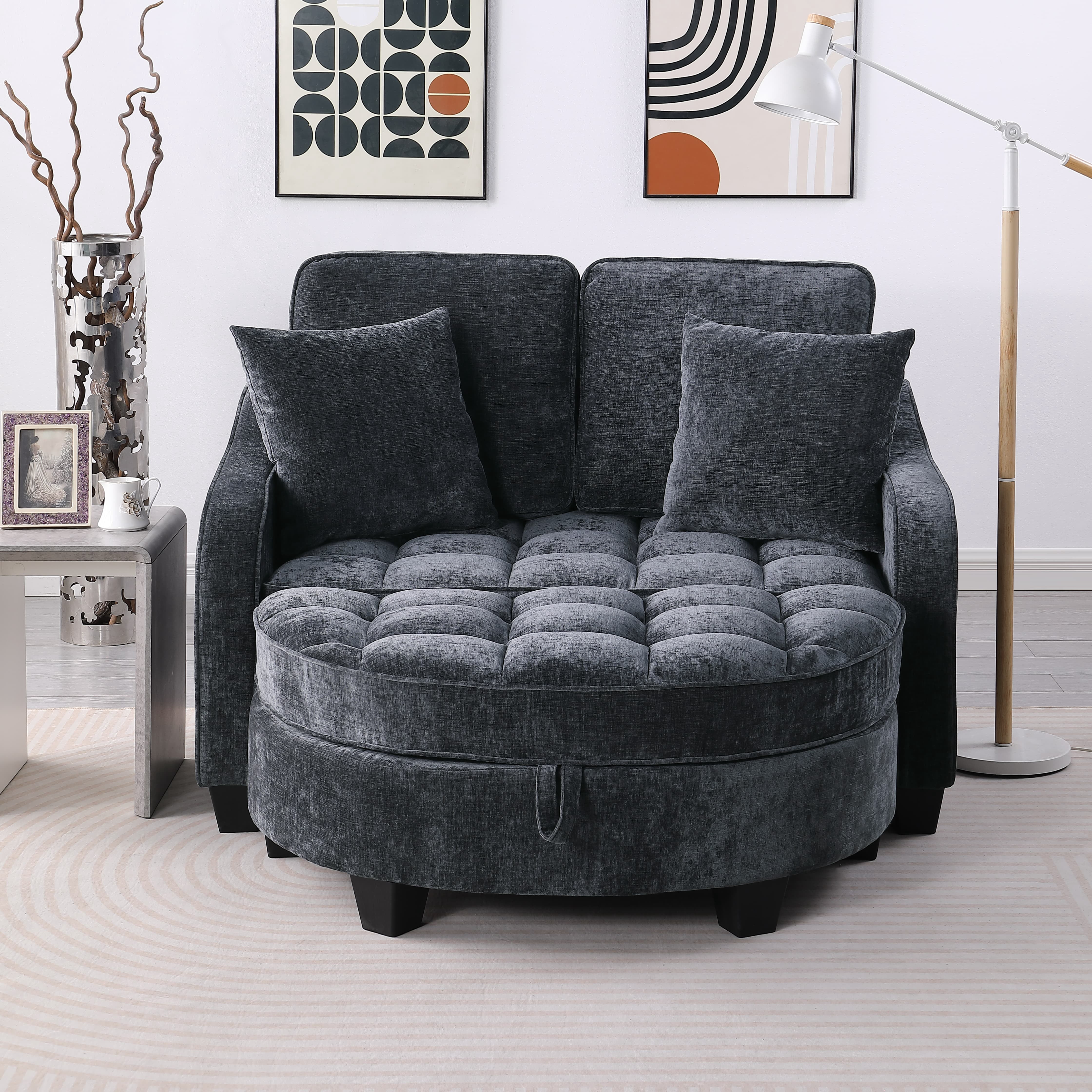 Aukfa Double Chaise Lounge Loveseat with Storage Ottoman & 2 Pillows, Modern Small Sectional Couch for Small Space,Black