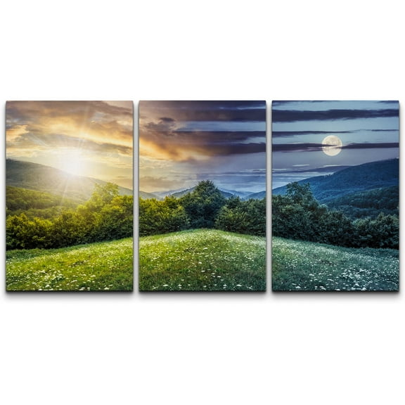 wall26 - 3 Piece Canvas Wall Art - Trees on Hillside of Mountain Range with Coniferous Forest and Flowers on Meadow - Modern Home Art Stretched and Framed Ready to Hang - 16"x24"x3 Panels
