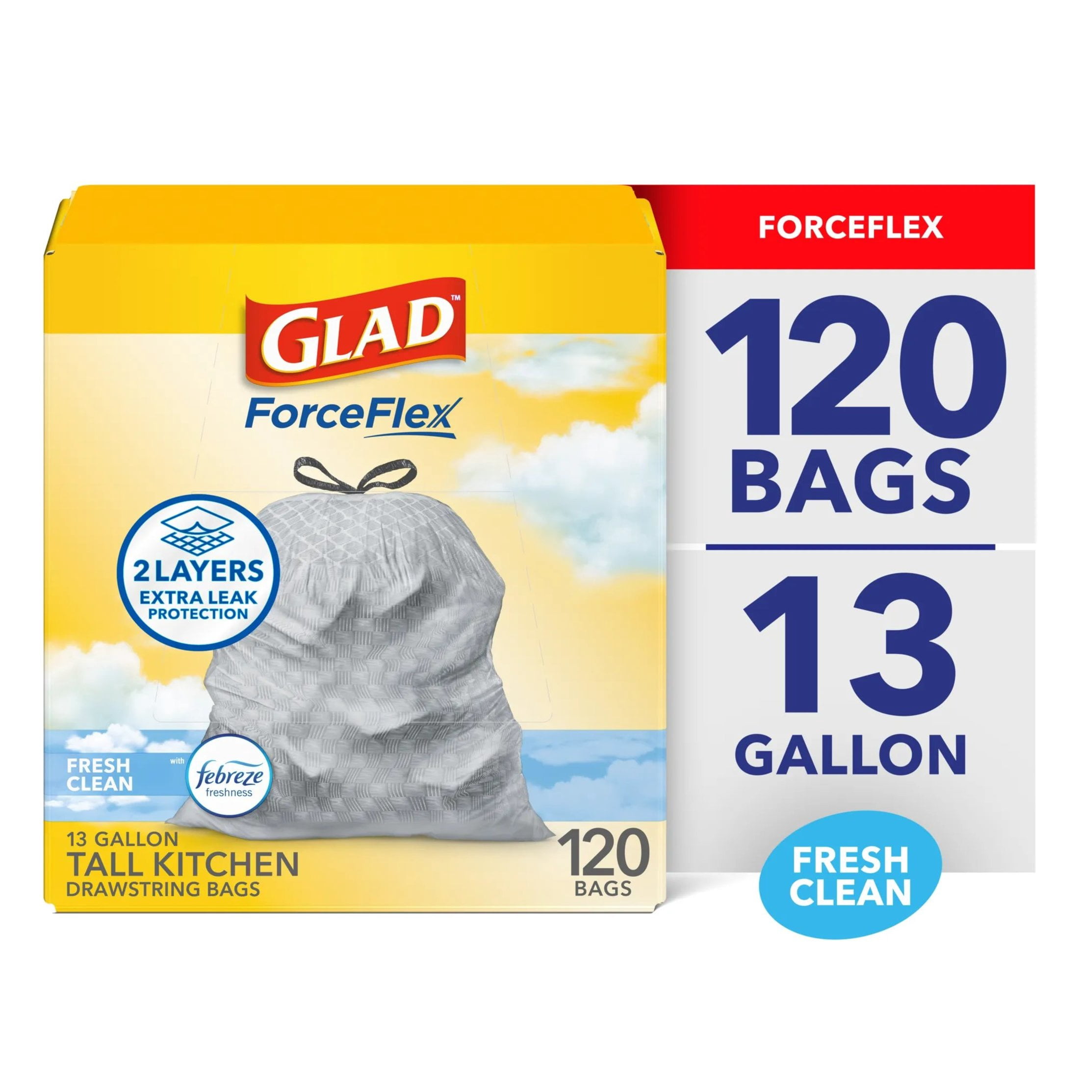 (3 pack) Glad ForceFlex Tall Kitchen Drawstring Trash Bags, 13 Gallon, Gain Fresh Clean with Febreze Freshness, 120 Count