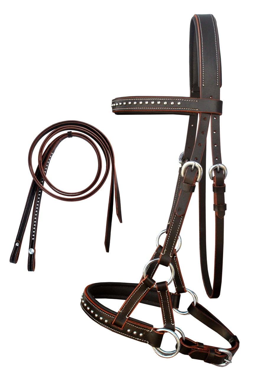 English or Western Saddle Horse Brown or Black Bitless Bridle Sidepull w/ Reins 
