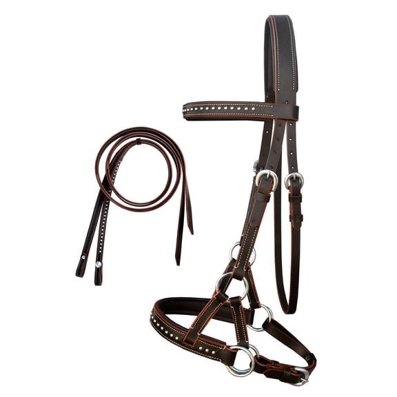 ENGLISH WESTERN HORSE LEATHER BITLESS BRIDLE SIDEPULL HALTER REINS BROWN 7708BRF