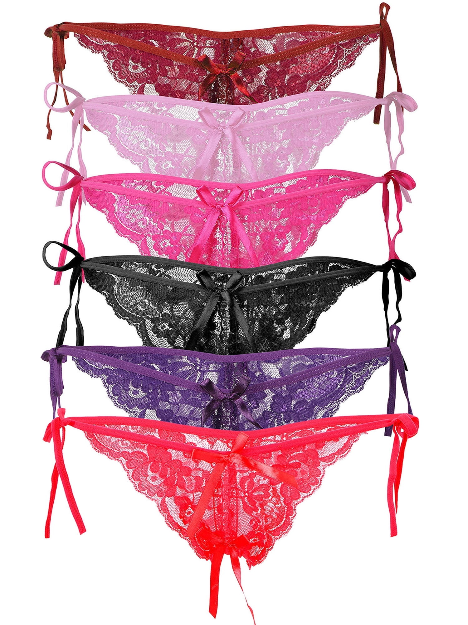 6 Pack Of Women Sexy Lace Low Rise Panties Lingerie Open Crotch Thong G Strings 