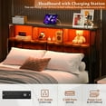 thumbnail image 4 of iSunirm Upholstered Twin Headboard with Hidden Drawer Storage, Full Size Bed Headboard with Power Outlet and LED Light, Free Standable, Sturdy and Stable Meta Frame, Noisy Free, Gray Oak, 4 of 7