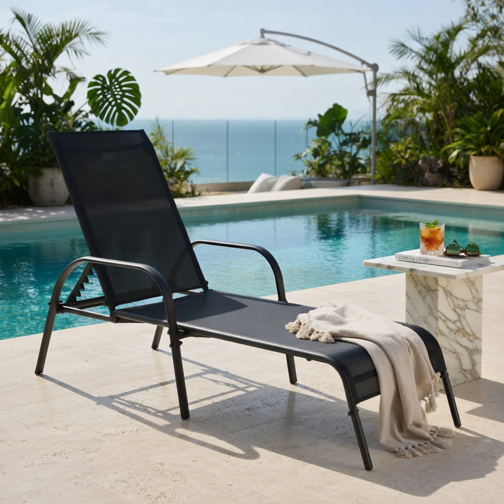 Hommoo Adjustable Folding Patio Chaise Lounge Chair, 5-Position Backrest, Sun-Resistant Fabric & Powder-Coated Steel Frame, Black