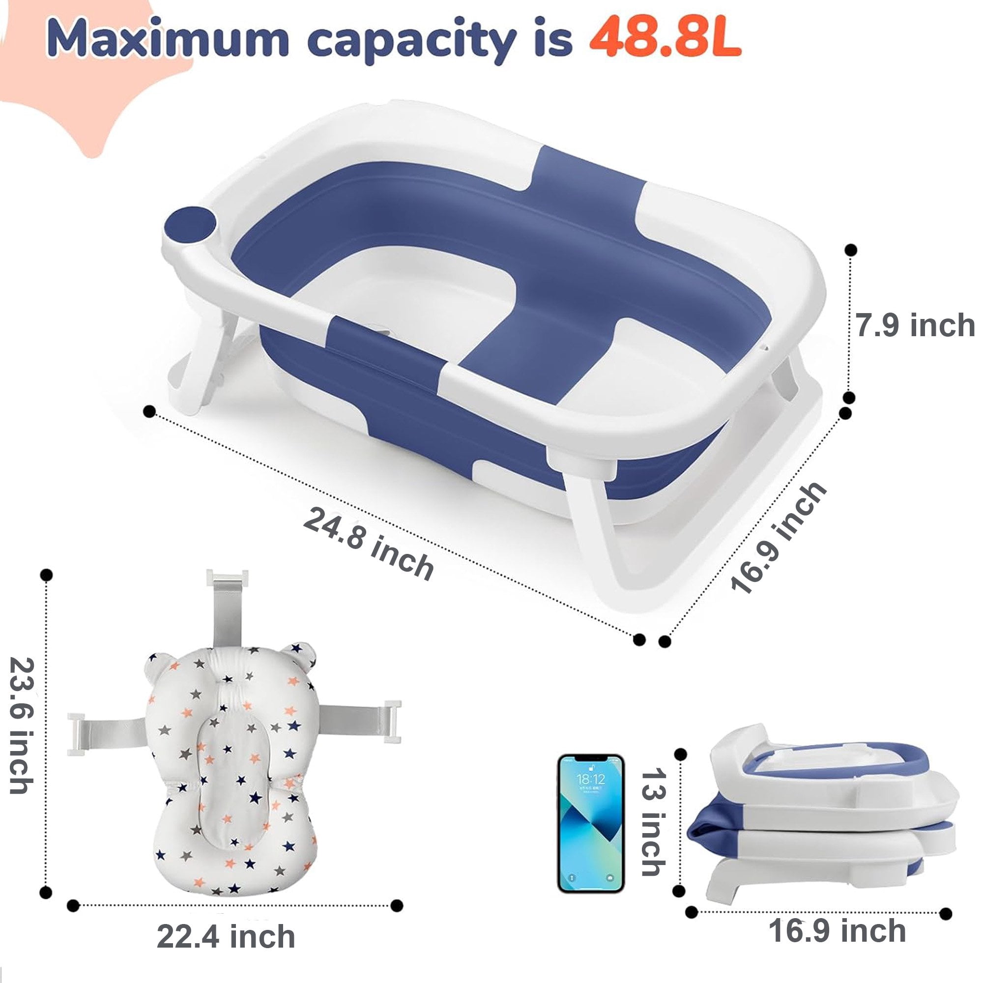 Morfone Baby Bathtub,Collapsible Bathtub for Newborn to Toddler,Durable Essential Infant Bath Tub, Blue