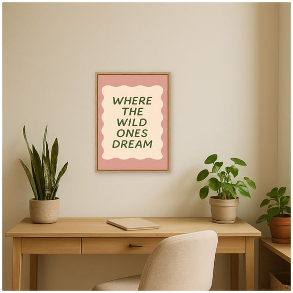 Kate and Laurel Framed Canvas Wall Art Print Where The Wild Ones Dream by Laura Moss, 18 x 24 Sylvie Natural Frame, Whimsical, Typography Art for Wall Decor