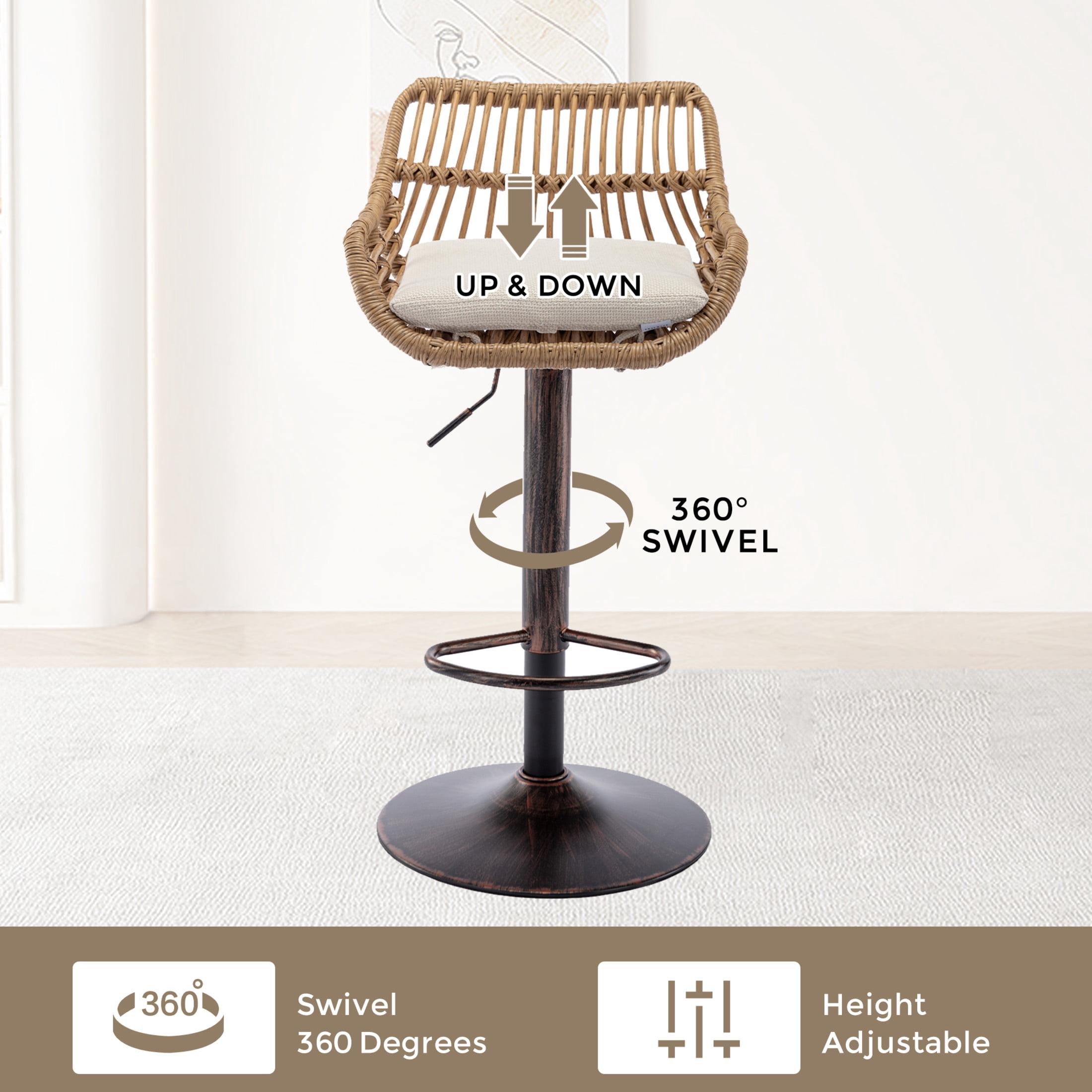 Noble House Swivel Bar Stools Set of 2, Adjustable Linen Counter Height Chairs with Footrest, Beige