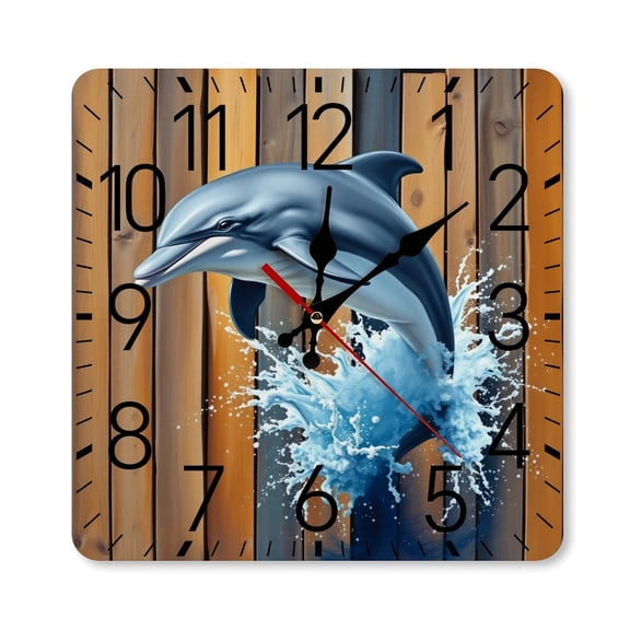 RKSupls 10×10inch Square Silent Wall Clock Wooden Frame, Dolphin Jumping Wood Wall Scale Decorative Clock for Home Bedroom Living Room Office