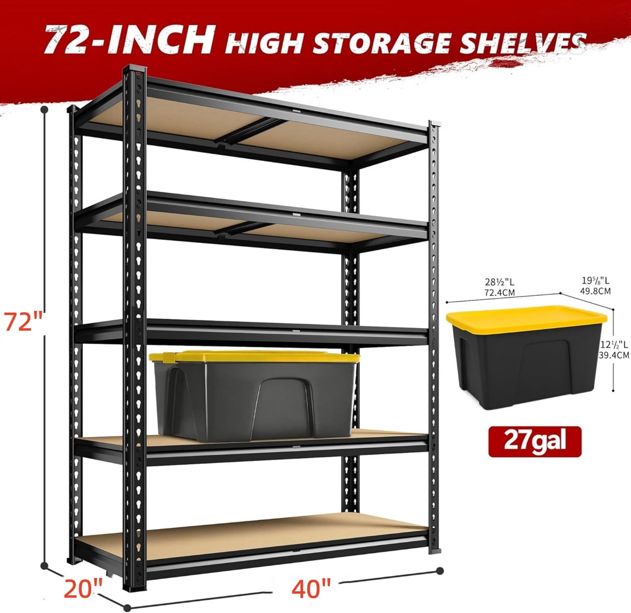 2400LBS Storage Shelves 5 Tier Garage Shelving Heavy Duty Adjustable Garage Shelves, Utility Rack Shelf, Shelving Units for Storage Warehouse Pantry Closet, 40" W x 20" D x 72" H