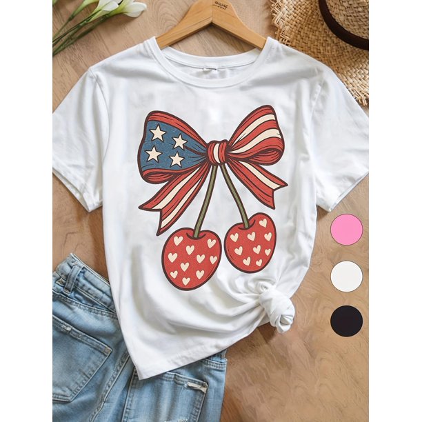 Girls' Patriotic Cherry Coquette Bow Graphic Tee - Red Heart & Star Design, Loose Fit Cotton T-Shirt for Spring/Summer Outdoor Fun & Festivals, Festive Outfit, Casual , Medium Stretch Fabric