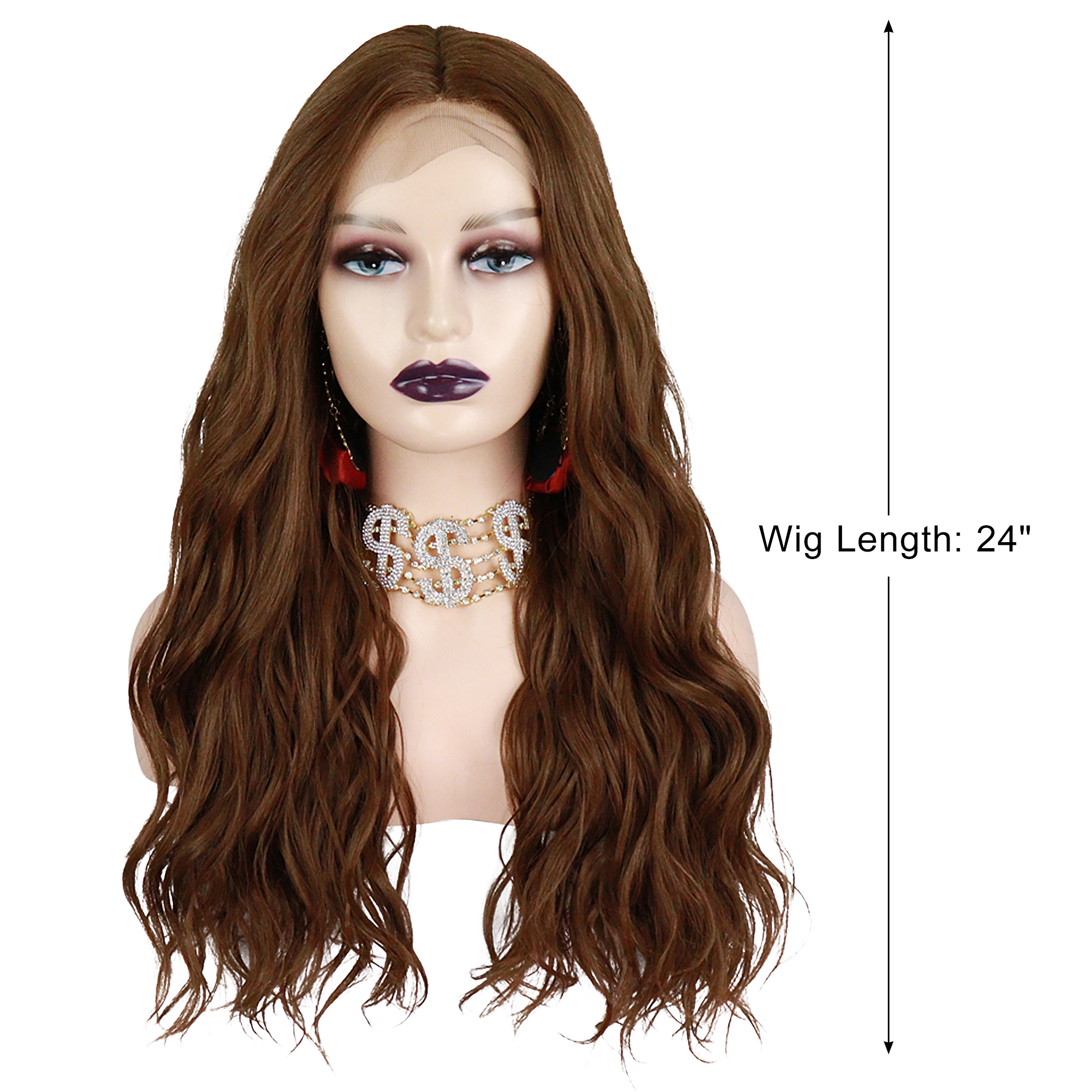Unique Bargains Lace Front Wigs Long Body Wave with Comb Light Brown