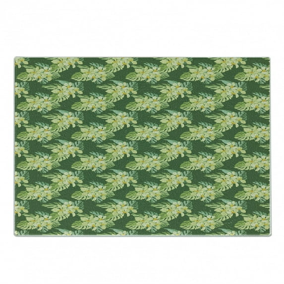 Tropical Cutting Board, Green Tone Pattern of Exotic Flowers and Leaves Summer Theme Aloha Hawaii Party, Decorative Tempered Glass Cutting and Serving Board, in 3 Sizes, by Ambesonne