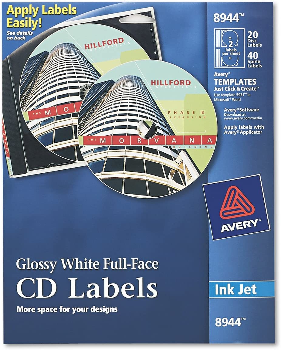 FullFace CD Labels for Inkjet Printers, Glossy White, 20 Disc Labels