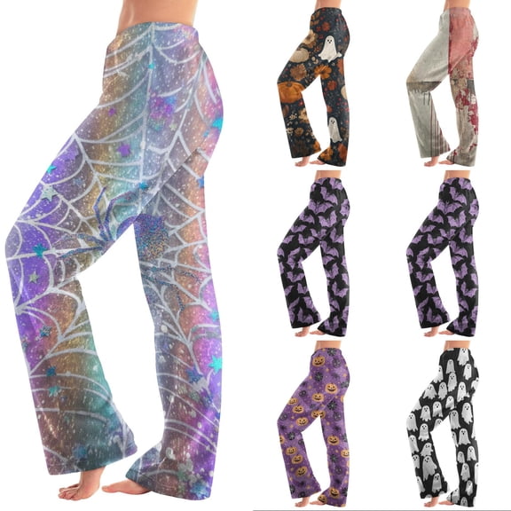Zorvxlyn Halloween Fleece Lounge Pants Women Ghost Jack-O Bat Print Women Pajamas Pants Drawstring Elastic Waist Womens Fluffy Pajama Pants