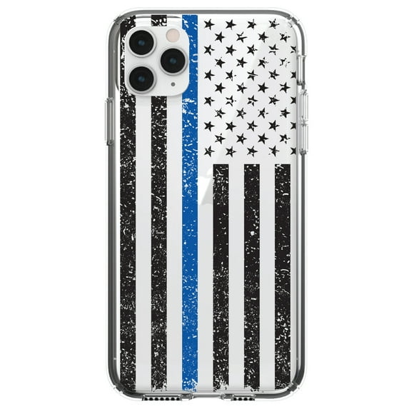DistinctInk Clear Shockproof Hybrid Case for iPhone 13 Pro MAX (6.7" Screen) - TPU Bumper, Acrylic Back, Tempered Glass Screen Protector - Weathered Thin Blue Line US Flag - Law Enforcement Support