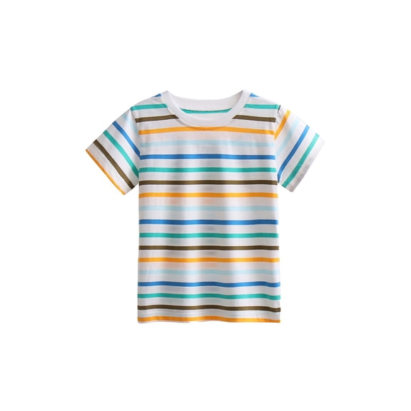 Boys Rainbow Striped Short Sleeve T Shirt, 100% Cotton Casual Round Neck Top for Kids 2-8 Years, Soft Breathable Summer Outfit