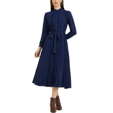 Allegra K Pleated Shirt Dress for Women's Long Sleeve Mock Neck Flowy Casual Midi Dress S Dark Blue