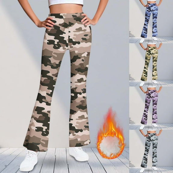 Eltusu Flare Leggings for Girls, Elastic Waist Stretchy Thermal Printed Kids Winter Pants Camouflage Size 5-16 T