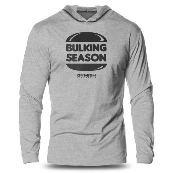 GYMISH Bulking Season Lightweight Long Sleeve Hooded T-Shirt for Men – Funny Gym Hoodie, Sport Grey, Small