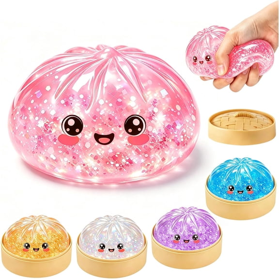 Cute Dumpling Squishy Fidget, Bright Glitter Stretch Squeeze Ball with Steamer Case, Soft Sensory Stress Relief Gift for Adults
