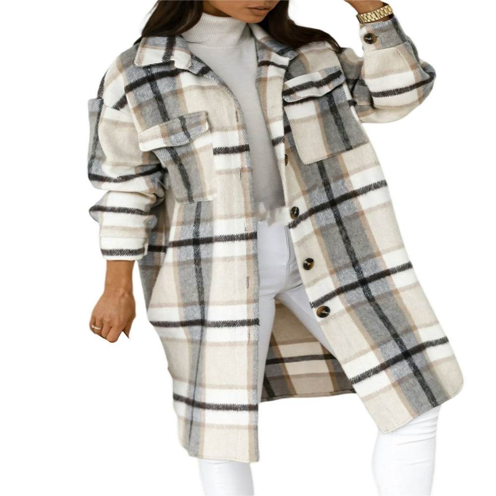 Veste Chemise Longue Décontractée à Carreaux pour Femmes en