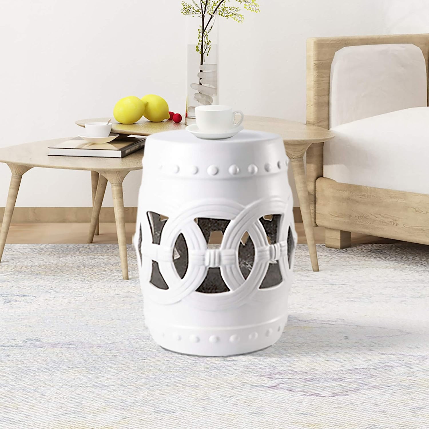 Sigtua 17 in. Garden Stool, Side Table Indoor Ceramic, Outdoor Stool, Patio Decor, White ...