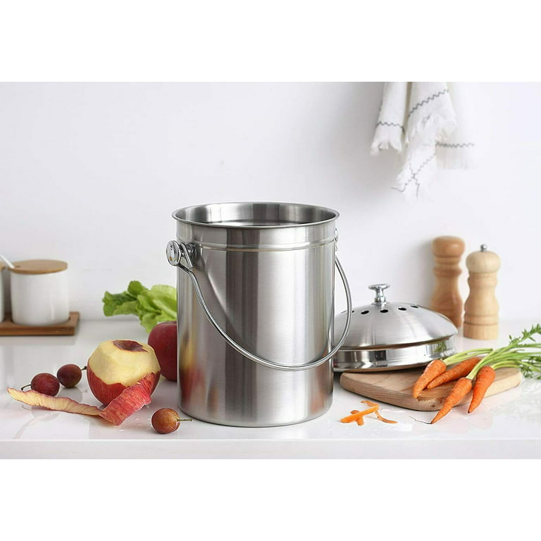 Premium Quality Stainless Steel Compost Bin 1.3 Gallon, Includes Charcoal Filter - Utopia Kitchen, Silver