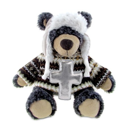 DolliBu Black Bear with Clothes Stuffed Animal with Silver Cross Plush - Religious Baptism Gifts for Boys and Girls, Dedication Christening Gifts Plush Prayer Toy Healing Stuffed Animal - 9 Inch