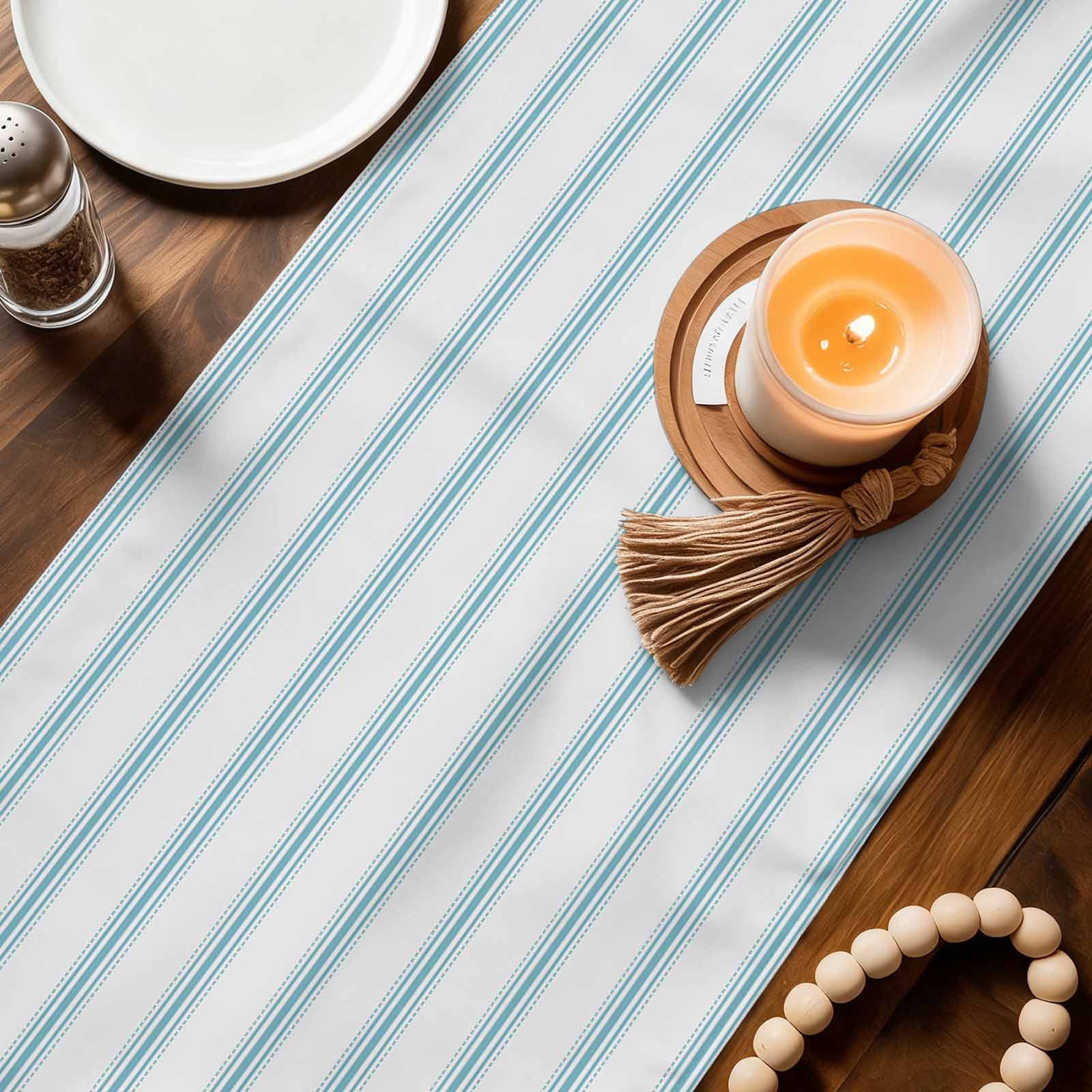 Blue Striped Table Runner, Blue White Stripes Farmhouse Washable Cotton Linen Table Runners 108 Inches Long, Dresser Scarf Runner for Dining/Living Room/Kitchen/Square Tables 13''x108''