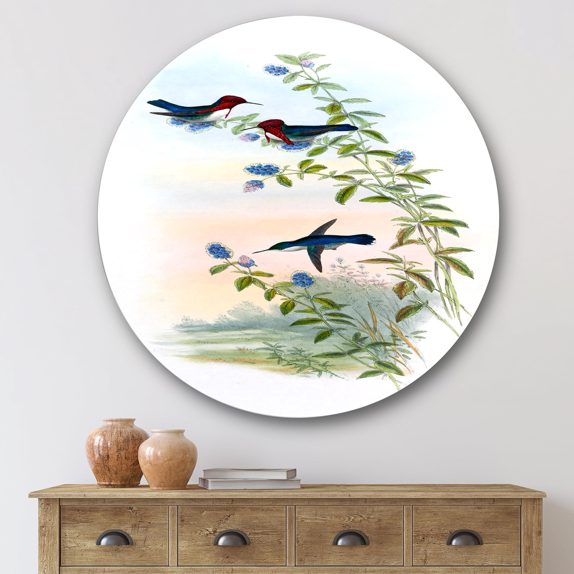 Designart 'Ancient Hummingbird II' Traditional Circle Metal Wall Art 36x36 - Disc of 36