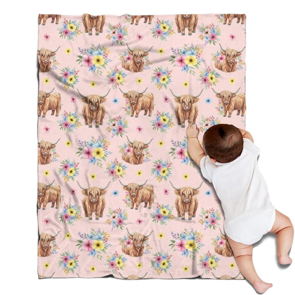 Pink Highland Cow Flower Pattern Blanket,Comfortable Soft Lamb Wool Throw Blanket,All Season,Warm Lightweight Blankets for Sofa Bed Couch Living Room Chair,30"x40"