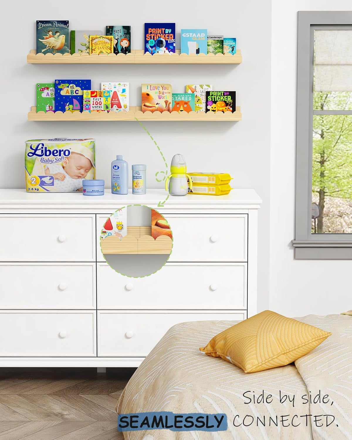 Scalloped Nursery Bookshelf Wall Mounted 4-Pack, Natural Wood Floating Book Shelves for Wall, Cloud Wall Mount Bookshelves for Kids Bedroom, Baby Children Toddler Room (Natural Pine Wood)