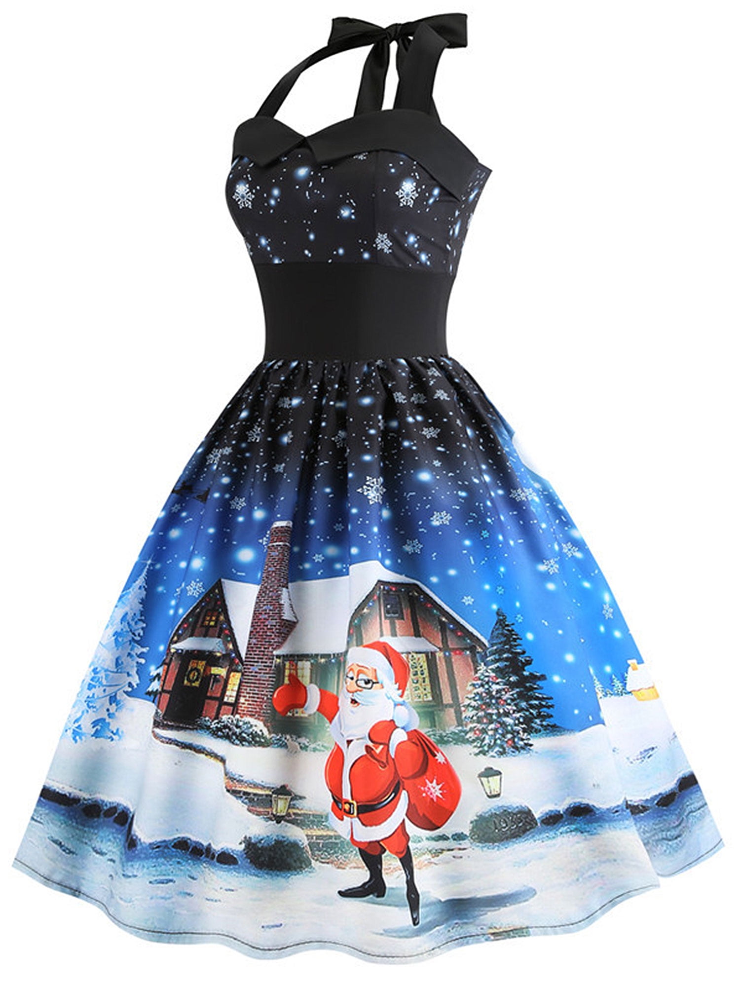Women Christmas Xmas Santa Snowman Snowflakes Bell Ladies Flare Swing Mini Dress