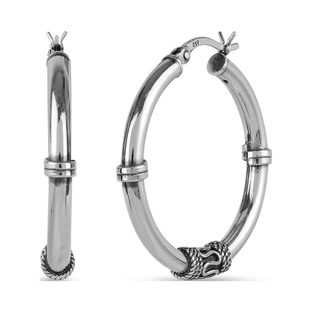 LeCalla 925 Sterling Silver Jewelry Oxidized Light-Weight Bali Hoop Click-Top Earrings for Women and Teen 30MM