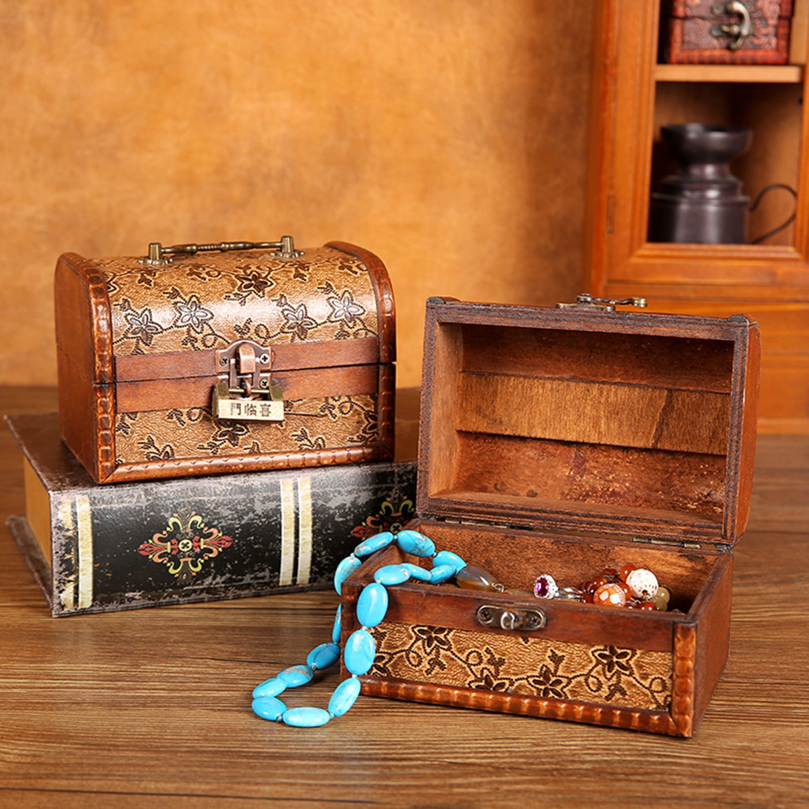Set of 3 Small Antique Style Jewelry Organizer Chests / Storage Boxes Boxes  With Hasp Latch - Zen Merchandiser
