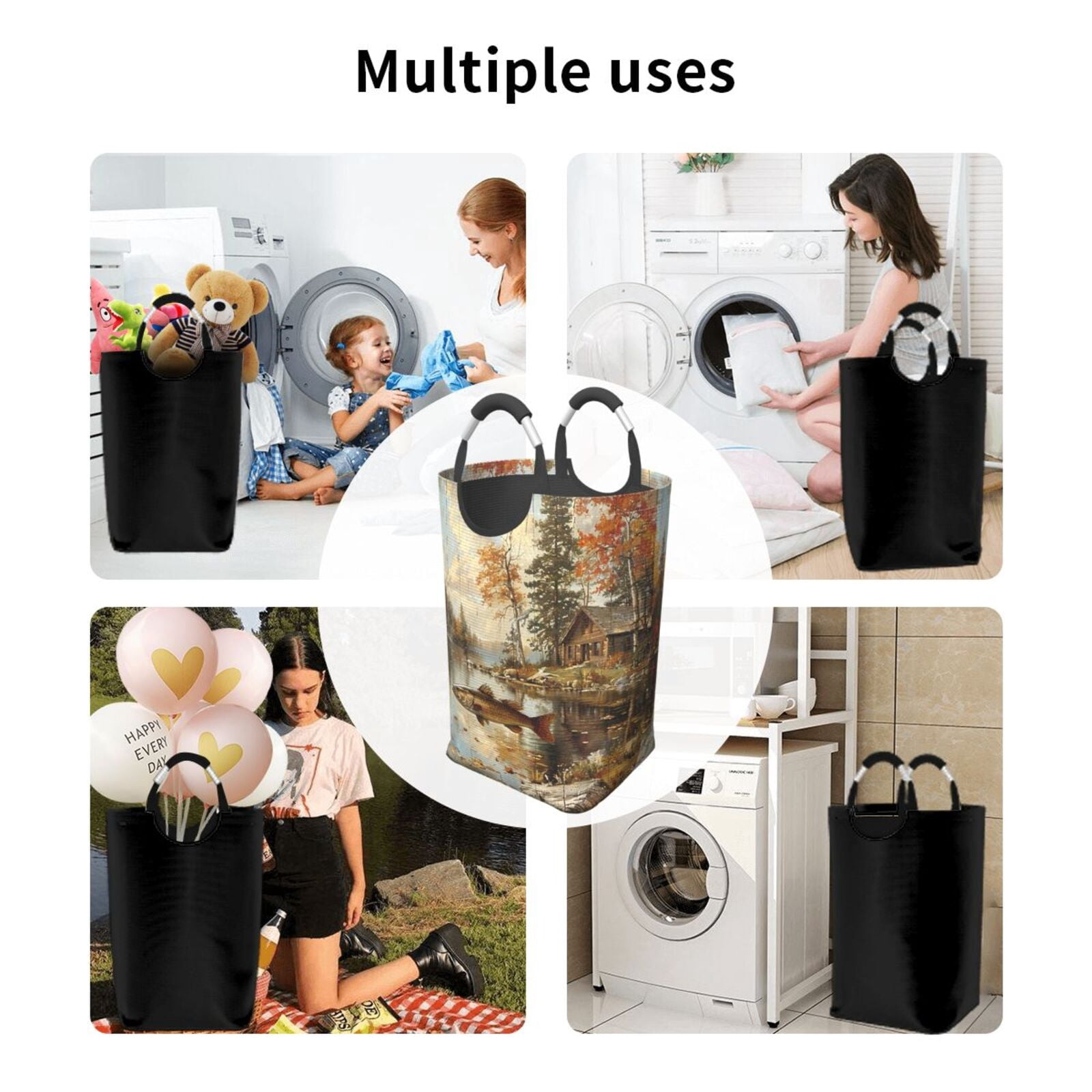 Hunting Cabin Fish Leaf Fishing Vintage Laundry Bag with Handle - Foldable Dirty Clothes Hamper Collapsible Storage Bin