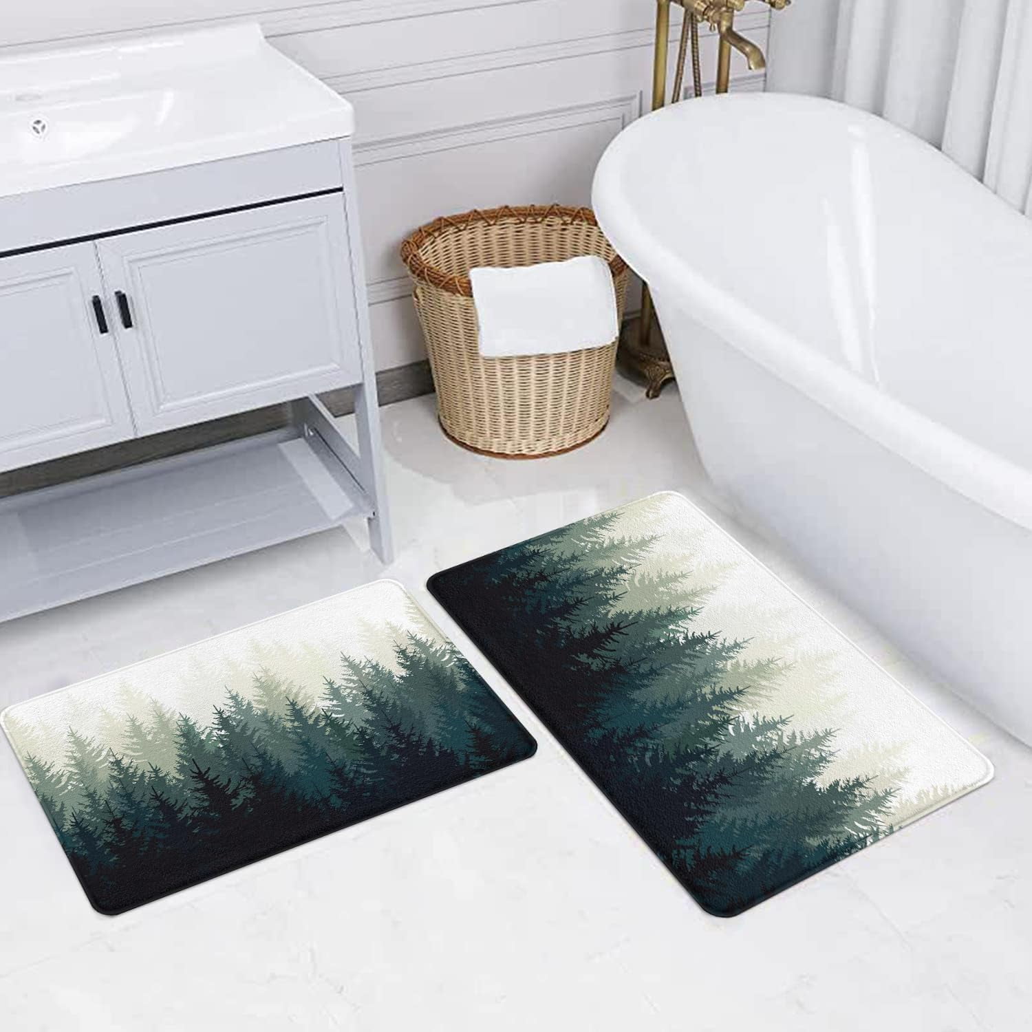 Misty Forest Bathroom Rugs Nature and Woodland Bath Mat Non-Slip Water Absorbent Bath Rug Soft Microfiber Floor Mats for Bathroom Tub and Shower Room Blue