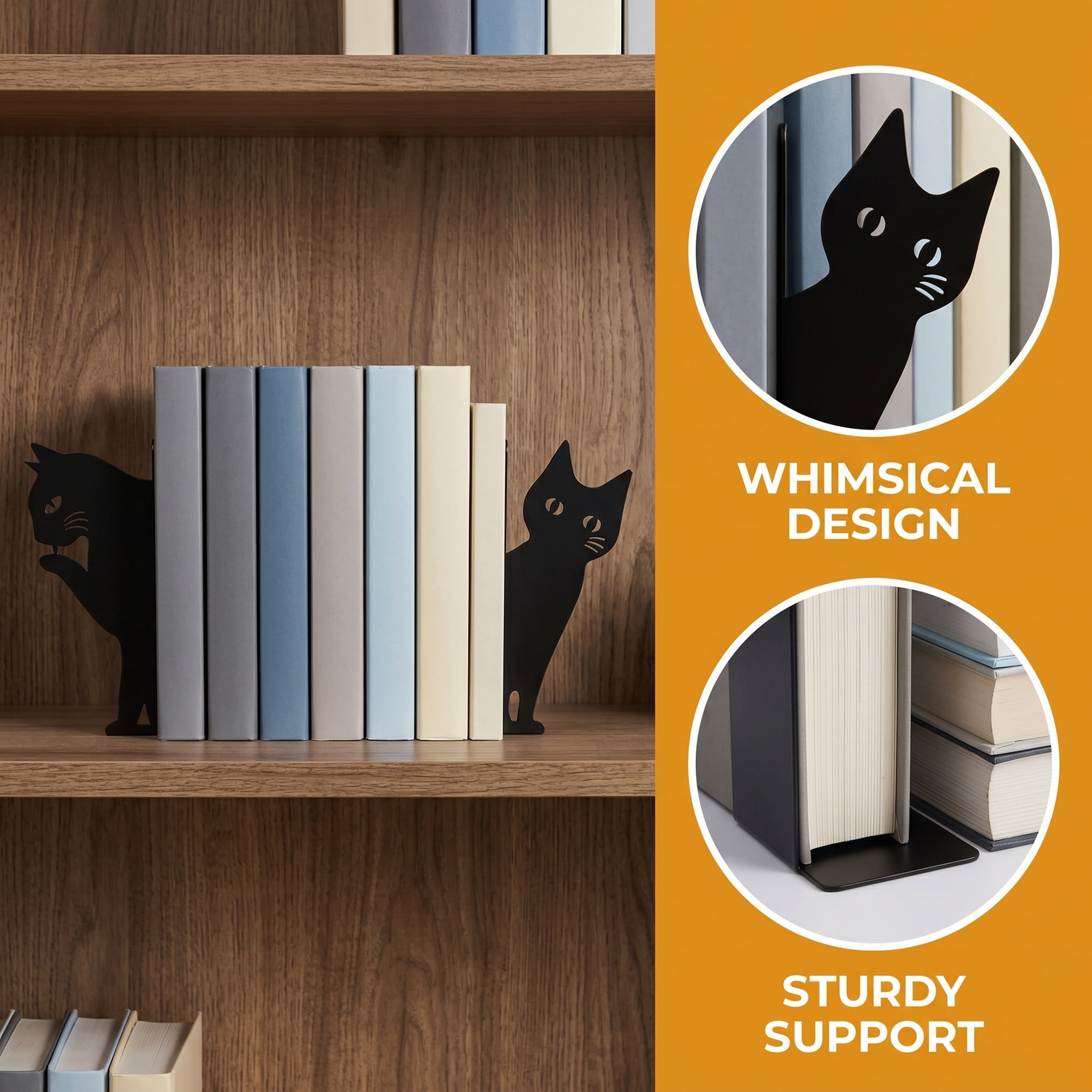 Unique Bargains 2Pcs Decorative Cartoon Metal Bookends Black Cat 3.9*1.2*5.9inch