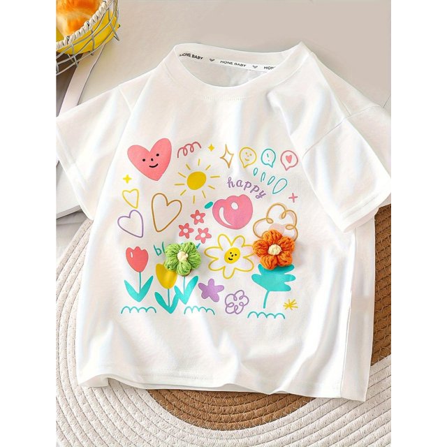Camiseta de verano con estampado floral para niña: cuello redondo, manga corta, algodón transpirable con diseño floral 3D colorido, ideal para niñas.