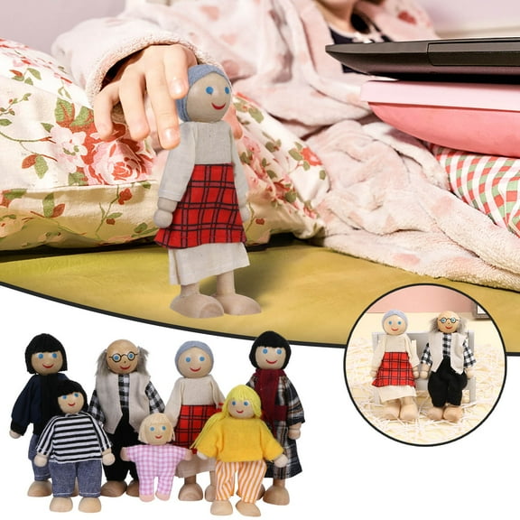 Kids Girls Happy Dolls Family Playset Wooden Figures Set Of 7 People For Children Dollhouse Pretend Gift, Including Grandpa Grandma Mom Dad & 3 Kids With Movable Hands & Feet,