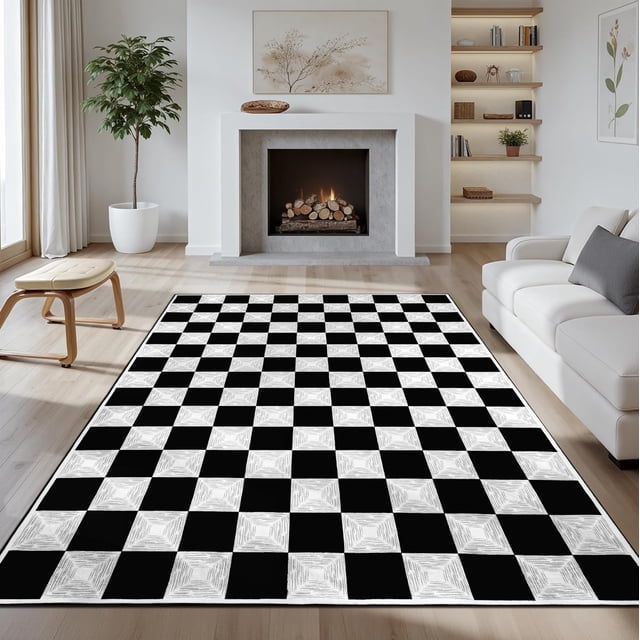 Washable Checke Rug x Low Pile Area Rug for Living Room Bedroom Nursery Modern Neutral Farmhouse Checkerboard Carpet Pet Kid Friendly