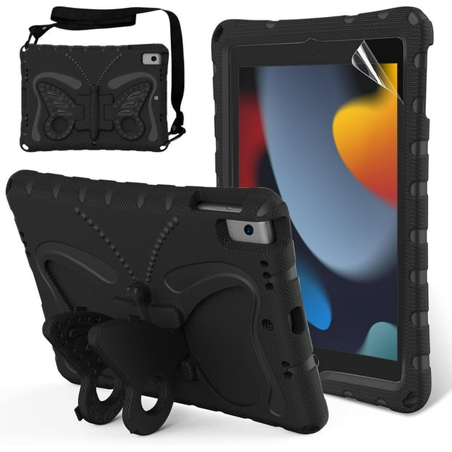 KOMI Kids Case for iPad 9th 8th 7th Gen/iPad Pro 10.5/iPad Air 3rd Gen - Screen Protector Included - Butterfly Kickstand - Child Friendly EVA Foam Shockproof Cover Case with Shoulder Strap, Black