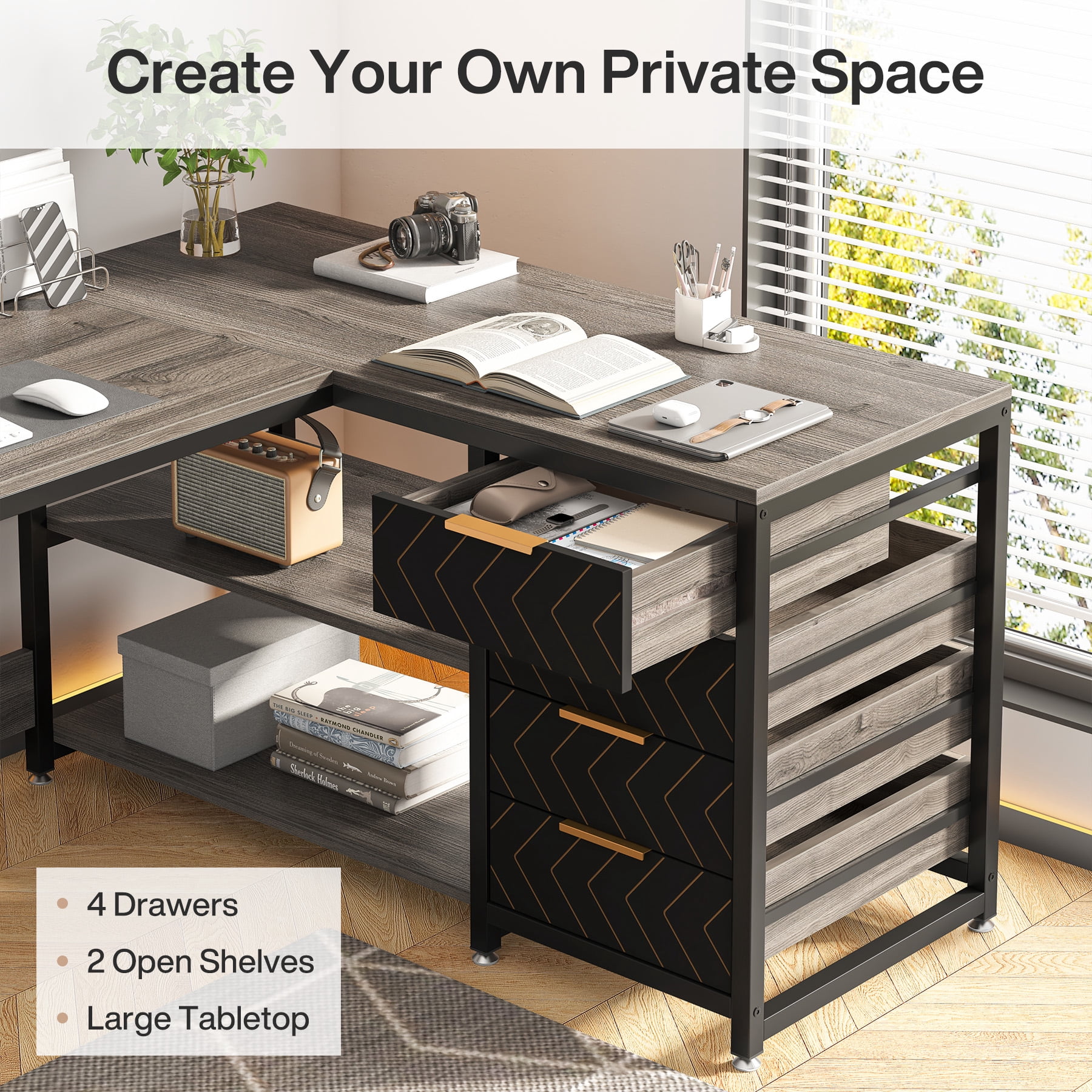 Tribesigns L-shaped Computer Desk, 59 inch Corner Desk with Drawers and Storage Shelves, Reversible Writing Study Table for Home Office, Grey