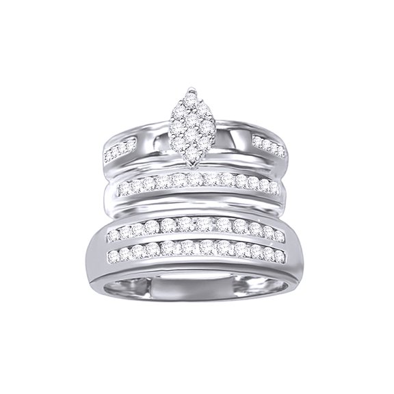 AFFY White Natural Diamond Engagement & Wedding Trio Band Ring Set In 10k White Gold (1 Cttw)