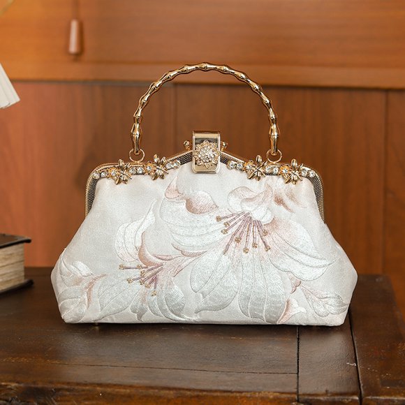 Cloud Flower Embroidered Handbag, Chinese style, Apricot Embroidered Small Square Bag