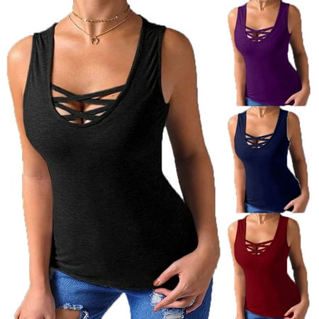 Lace Criss Cross Front Bodystocking - Women's Criss Cross Casual Cami Shirt Sleeveless Tank Top Basic Lace up Blouse