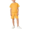 thumbnail image 4 of Boys Girls Summer Outfits Comfy Solid Color Casual Short Sleeve Round Neck T-Shirt + Shorts 2 Pieces Tracksuits Sets with Pockets Yellow 3-4 Years, 4 of 7
